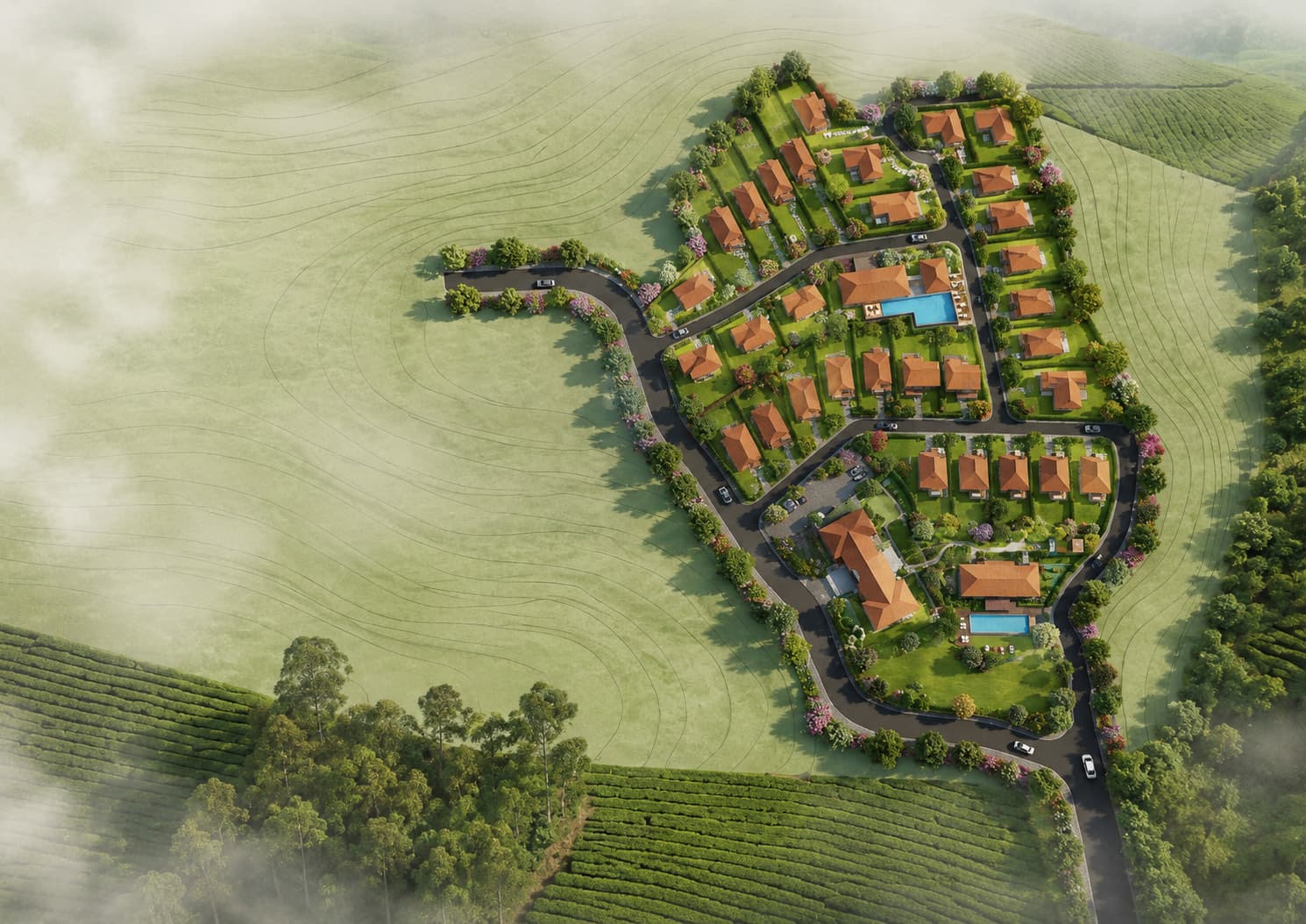 Aura Villas, Ooty — estate aerial rendering