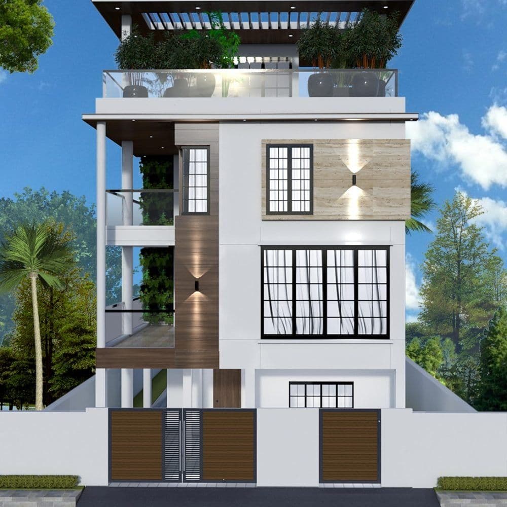 Completed house exterior, gated frontage with rooftop terrace