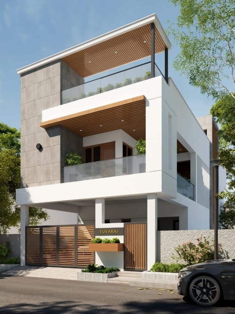 Completed house exterior with wooden slat gate and driveway