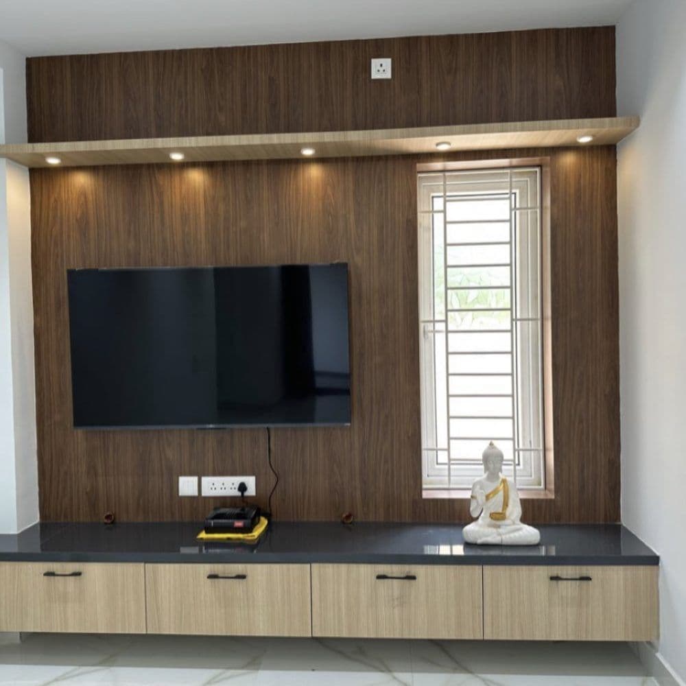 Living room TV unit, wood-panel finish