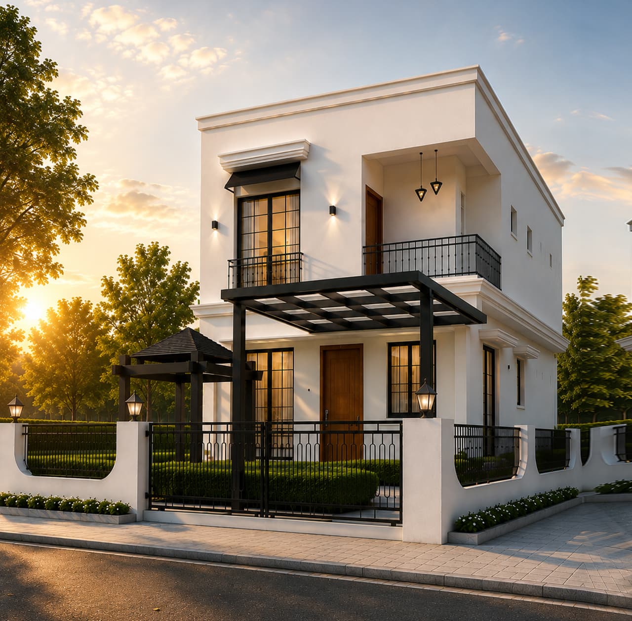 Palm Shores, ECR — villa exterior rendering at sunset