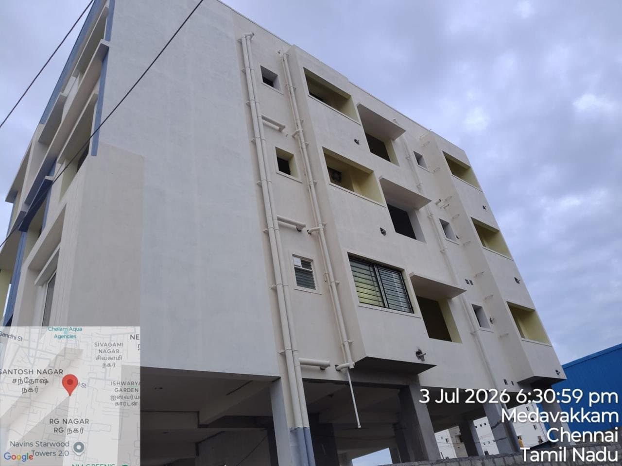 Precision Aranya Residences, Medavakkam — exterior, during finishing-stage construction, July 2026