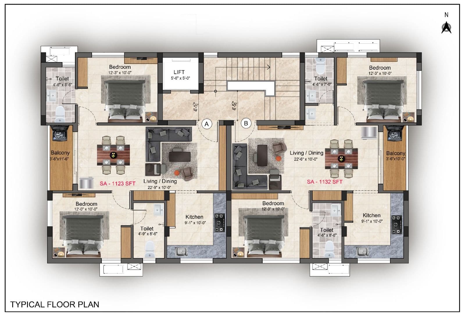 Sreenivas & Godavari Flats — typical floor plan, 2 BHK units of 1,123 and 1,132 sq ft