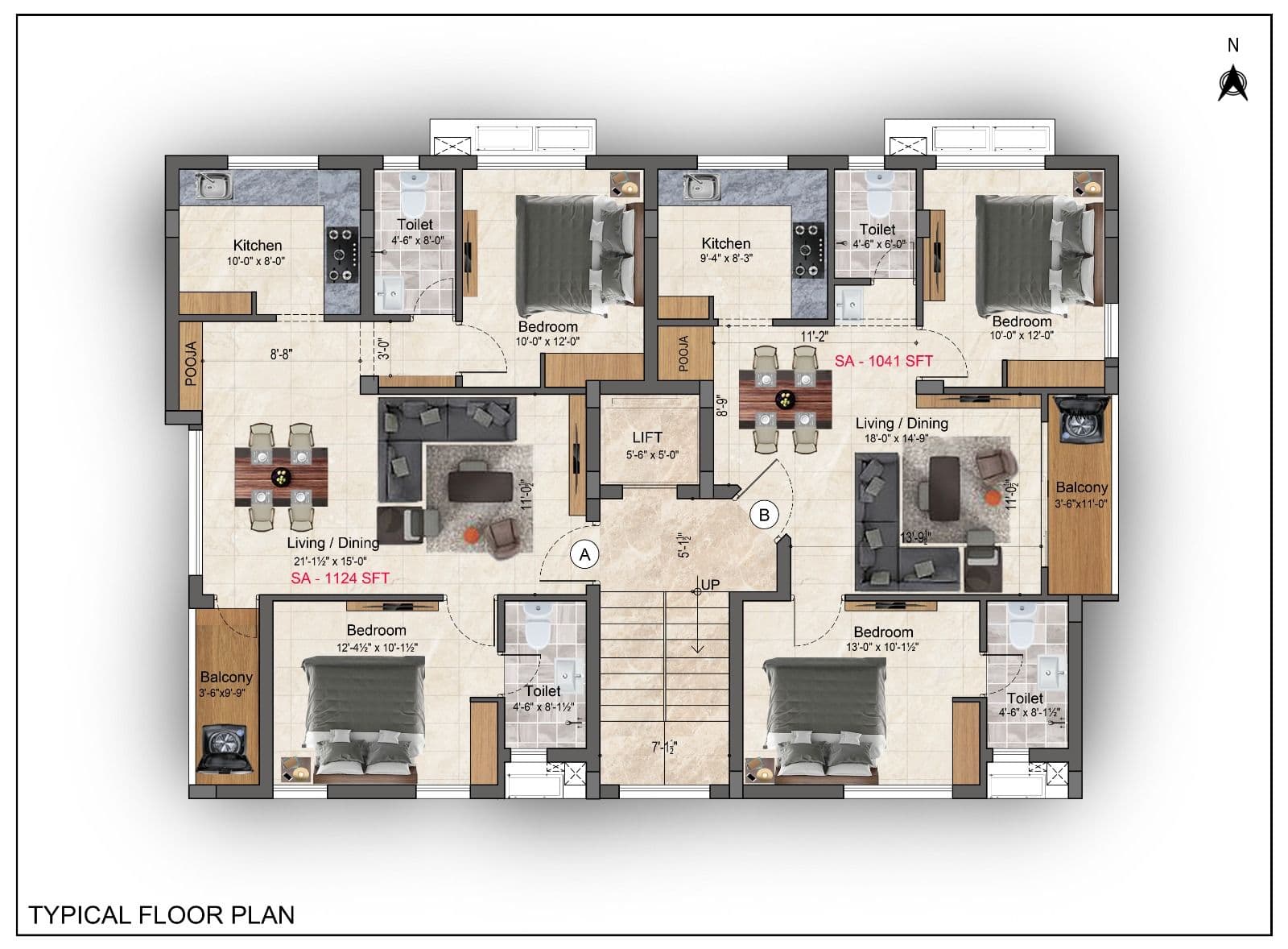 Sreenivas & Godavari Flats — typical floor plan, 2 BHK units of 1,041 and 1,124 sq ft