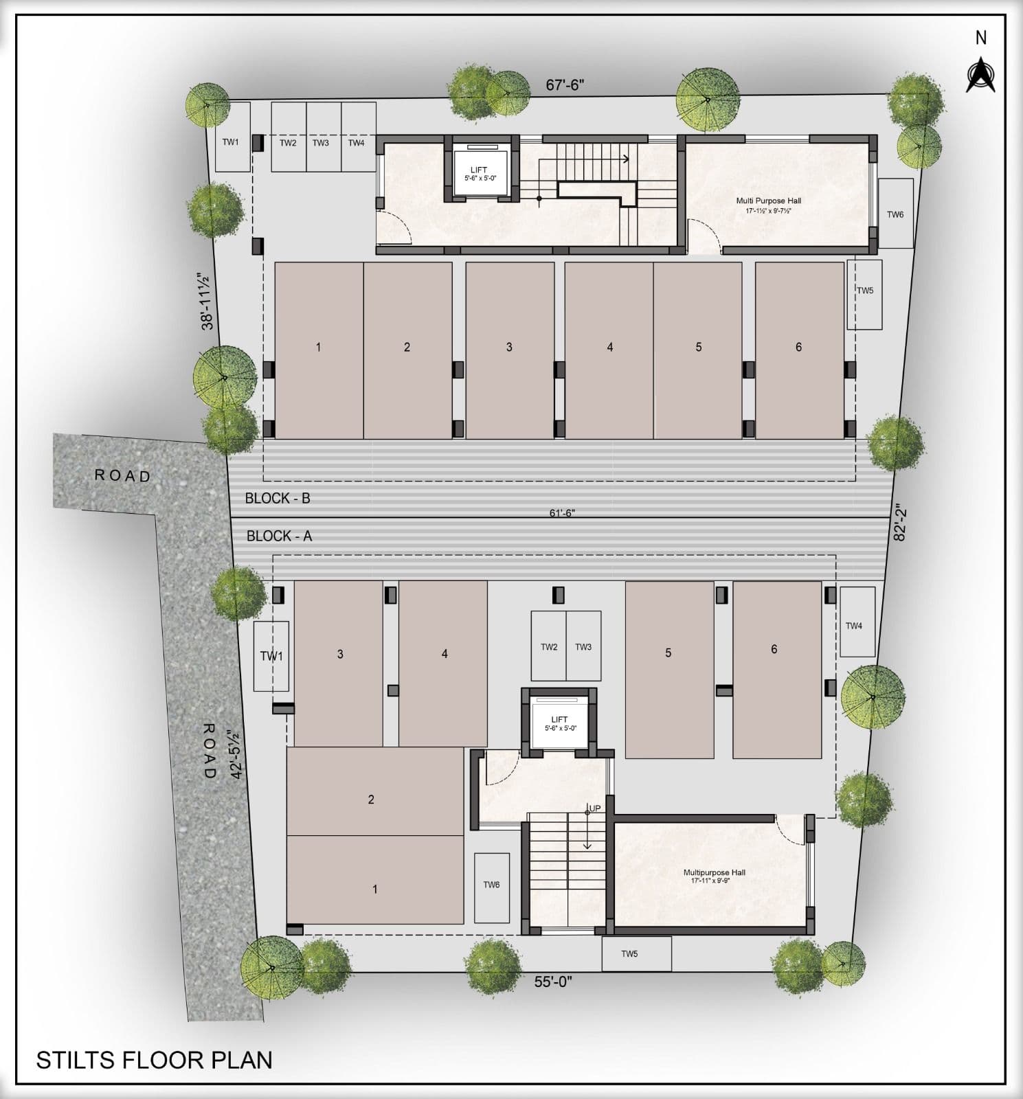 Sreenivas & Godavari Flats — stilts floor parking plan, Block A and Block B